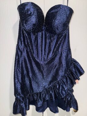 NWT Lalita Navy Blue Strapless Beaded Bodycon Short Dress With Ruffles Size 8